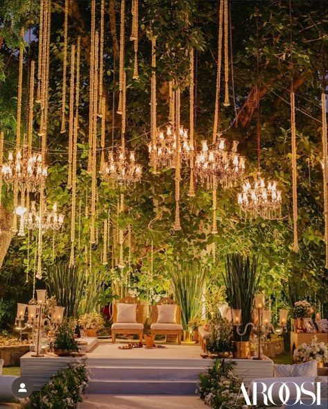 Terrace Mandap Decor, Tree Mandap Decor, Evening Mandap Decor, Backyard Indian Engagement Party, Sangeet Backdrop Ideas, Wedding Mandap Decoration Outdoor, Engagement Decorations Indian Outdoor, Forest Indian Wedding, Night Wedding Decor Indian