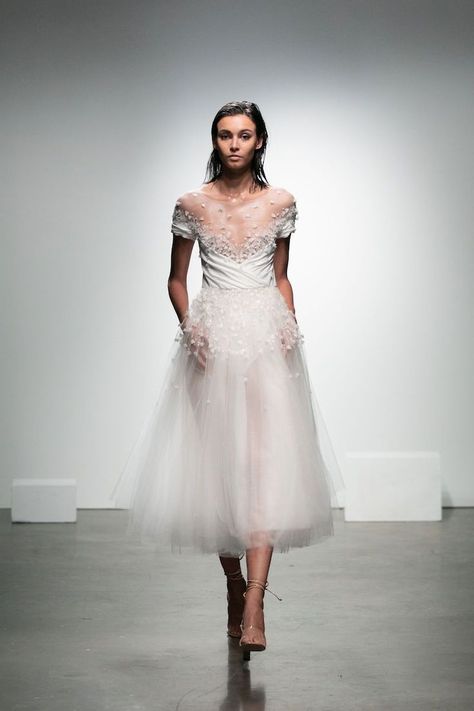 Ballet-inspired calf-length wedding dress with illusion neckline and short sleeves. Floral detail adds a delicate accent to this dress. | Rime Arodaky�s Ballet-Inspired Fall 2019 Collection | #equalitymindedweddings #lgbtweddingmagazine #loveinc #2019wedd Sleeve Wedding Dress Lace, Rime Arodaky, Midi Wedding Dress, Long Sleeve Wedding Dress, Robes Vintage, Wedding Dress With Pockets, Pretty Wedding Dresses, Wedding Dress Lace, Long Sleeve Wedding Dress Lace