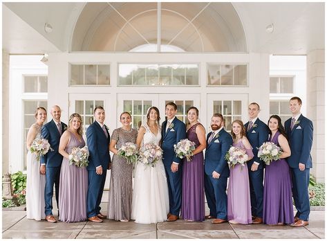 Lavender Purple And Navy Blue Wedding, Purple Bridesmaids Blue Groomsmen, Navy Suits Purple Bridesmaids, Navy Blue Lavender Gold Wedding, Navy And Lilac Wedding Decor, Purple And Blue Wedding Party, Lavender Navy Wedding, Purple Wedding Party Attire, Navy And Lilac Wedding