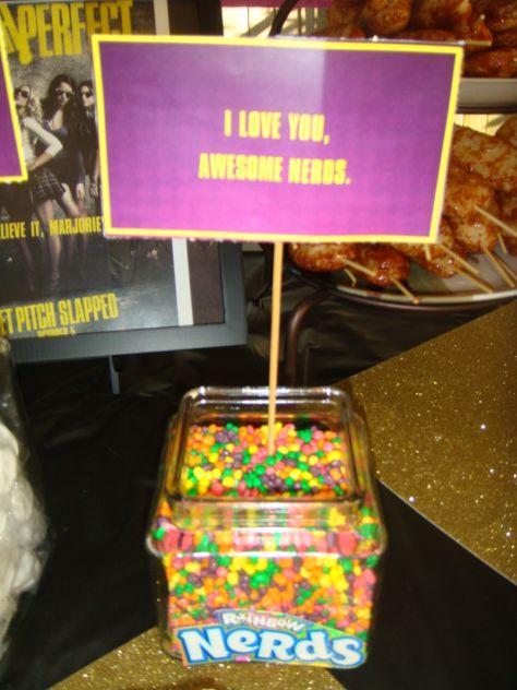 Pitch Perfect quotes for the party food...Nerds for "I love you, Awesome nerds." - Beca Pitch Perfect Party Theme, Pitch Perfect Birthday Party, Pitch Perfect Party, Birthday Party Quotes, Pitch Perfect Quotes, Wicked Party, Pitch Perfect Movie, Class Party Favors, Perfect Movie Night