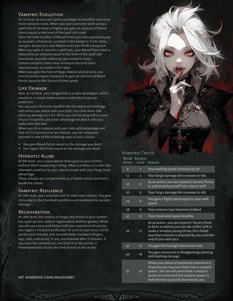 Sorcerer: Vampiric Origin - Beware the magical allure of this sorcerous creature of the night for Anlilorhn's Guide to the New World : r/UnearthedArcana Dnd Pc Ideas, Homebrew Subclasses 5e, Dnd Subclasses Homebrew, Sorcerer Homebrew, Worldbuilding Races, Dnd Homebrew Races, Dnd Races Homebrew, Homebrew Classes 5e, Dnd Homebrew Classes 5e