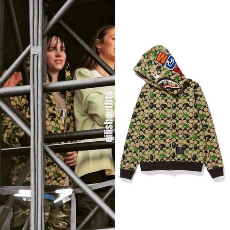 Billie Eilish Closet on Instagram: “Billie at @glastofest Hoodie: @BAPE X @COACH SHARK FULL ZIP HOODIE - $495 @billieeilish #billieeilish #eilish #billie #style #bellyache…” Billie Style, Hoodie Bape, Bape Hoodie, Purple Aesthetic, Full Zip Hoodie, Billie Eilish, Zip Hoodie, Purple, Closet