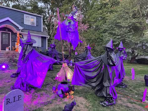 Witches Lair Halloween Diy, Diy Witch Garden Decor, Witch Themed Haunted House, Home Depot Witch, Life Size Witch Diy, Witch Halloween Porch Decor, Flying Witch Halloween Decorations, Witch Themed Outdoor Halloween Decorations, Outdoor Witch Theme Decor