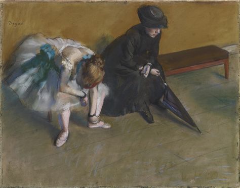 Edgar Degas, "Waiting," c. 1882. The two figures are a study in contrasts: The athletic #dancer dressed in a dazzling costume reflects the glamour and artifice of the stage, while the shabbily dressed, bent figure represents the drabness of everyday life. Edgar Degas Art, Maurice De Vlaminck, Degas Paintings, Art Ancien, Getty Museum, Camille Pissarro, Edgar Degas, Paris Photo, French Artists