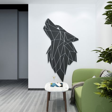 Wolf Wall Painting, Wolf Mural, Geometric Art Animal, Head Wall Decor, Animal Geometric, Geometric Wolf, Wall Art Geometric, Geometric Wall Decor, Wall Decor Design