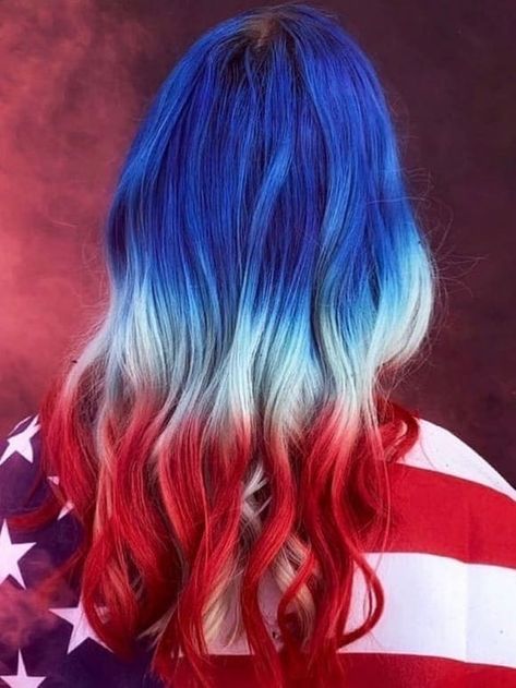 red, white, and blue ombre long curly hair Red White And Blue Hairstyles, Red And Blue Hair Ombre, Cute 4th Of July Hairstyles, Patriotic Hairstyles, 4th Of July Hairstyles, Red White Blue Hair, July Hairstyles, Red White And Blue Hair, Fourth Of July Hair