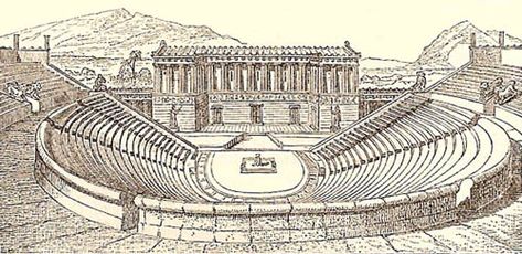 This is a picture of an Ancient Greek theater that was constructed during the classical period which was a time of great cultural creation- the arts, such as theater, were introduced into their lives and has continued up until today. Ancient Greece Theatre, Greek Amphitheater, Medieval Theatre, Theatre Drawing, Roman Amphitheatre, Ancient Theater, Theatre Illustration, Greek Plays, Ancient Greek Theatre