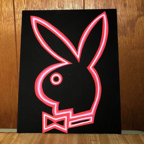 Cool Canvas Drawings, Neon Line Art, Baddie Paintings Canvas Pink, Dope Paintings, Playboy Painting, Baddie Paintings, Black Canvas Art Acrylics, Things To Paint On A Black Canvas, Dope Paintings Easy