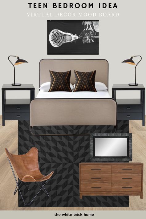 Boy teen bedroom, boy bedroom ideas, boy bedroom for a teen, lacrosse bedroom idea, black and tan bedroom for a teen boy, teen boy bed idea, black bedroom furniture for a boy, bedroom furniture for a teen, full bed for a teen boy, boy bedroom, teen boy bedroom, modern teen boy bedroom, modern black table lamp, modern black nightstand, lacrosse bedroom, sports themed bedroom for a boy, sports themed bed, sports themed bedroom, sports themed bedroom for a boy Lacrosse Bedroom Ideas, Bedroom Black Modern, Lacrosse Bedroom, Bed Teen, Tan Bed, Modern Teen Room, Bedroom Furniture Black, Modern Boys Rooms, Black Nightstands