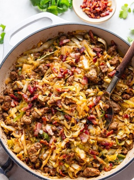 Fried Cabbage with Sausage | Garden in the Kitchen Ground Pork And Cabbage Recipes, Ground Sausage And Cabbage, Cabbage Skillet Recipes, Cabbage Sausage Recipes, Sausage And Cabbage Recipes, Italian Sausage And Cabbage, Recipe For Fried Cabbage, Cabbage With Sausage, Cabbage Fried