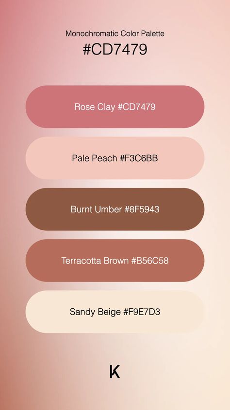 Monochromatic Color Palette Rose Clay #CD7479 · Pale Peach #F3C6BB · Burnt Umber #8F5943 · Terracotta Brown #B56C58 · Sandy Beige #F9E7D3 Pink Color Psychology, Minimalist Pink Color Palette, Ballet Color Palette, Salon Color Palette, Birthday Color Palette, Pink And Brown Color Palette, Dusty Rose Color Palette, Salon Color Schemes, Monochromatic Color Palette