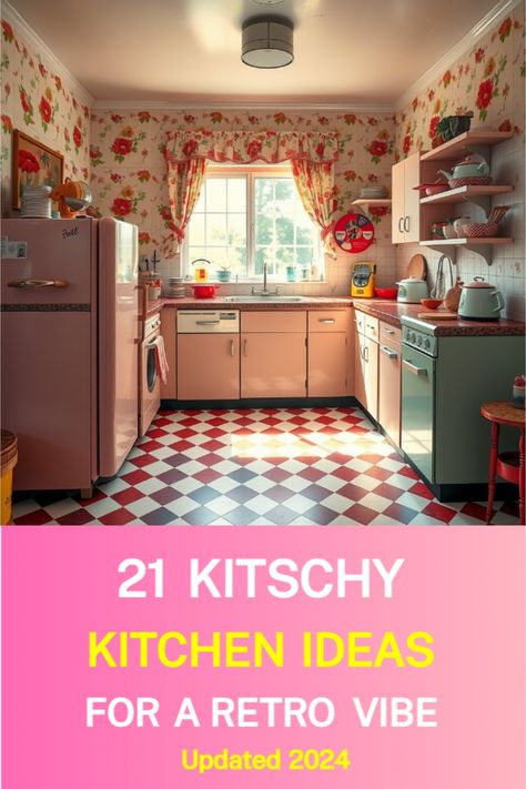 kitschy kitchen inspo Vintage Kitchen Curtains Retro, Retro Kitchen Ideas Vintage, 1960 Kitchen, 70’s Kitchen, 1950 Kitchen, Vintage Kitchen Curtains, Kitschy Kitchen Decor, Whimsical Kitchen, 1950s Decor