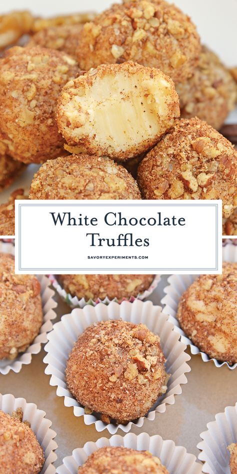 White Chocolate Truffles are an easy truffle recipe made with just a handful of ingredients. Creamy white chocolate rolled in toasted pecans, cinnamon and nutmeg. #whitechocolatetruffles #easytrufflerecipe www.savoryexperiments.com Hand Rolled Truffles, White Chocolate Truffles Recipe, Fall Truffles, Easy Truffle Recipe, Truffle Recipe Easy, Truffle Recipes, Easy Truffles, Homemade Truffles, Homemade Strawberry Sauce