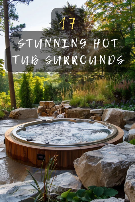 Ready to elevate your outdoor spa experience? 🛀 Discover 17 hot tub surround ideas that'll turn your backyard into a luxurious retreat. Learn how to incorporate natural materials, creative lighting, and cozy seating areas. Curious about these game-changing designs? Click now to dive into the inspiration! 🏡💦 #HotTubSurround #BackyardOasis #OutdoorLiving #SpaDesign #LandscapeIdeas Half Sunken Hot Tub, Hot Tub On Hillside, Fire Pit Hot Tub Combo, Redwood Hot Tub, Luxury Hot Tub Outdoor, Lakeside Hot Tub, Cedar Hot Tub Landscaping, Lake House Hot Tub, Copper Hot Tub