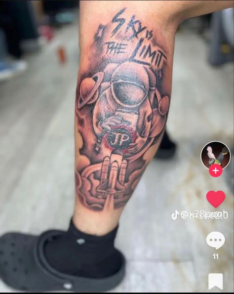 The Sky Is The Limit Tattoos, Men Calf Tattoo Ideas, Leg Piece Tattoo, Sky Is The Limit Tattoo, Calf Sleeve Tattoo, Arm Tattoos Lettering, Leg Tats, Calf Tattoo Men, Memorial Tattoo Ideas