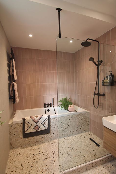 Torrance | EKCO Bathroom Terrazzo, Statement Bathroom, Terrazzo Bathroom, Bathtub Shower Combo, Tub Design, Bilik Air, Bathroom Redesign, Soaker Tub, Bathroom Design Inspiration