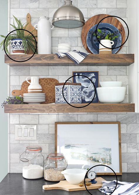 Shelf Styling Tips That Are Actually Helpful - The Craft Patch Shelf Decor For Kitchen, Styling Shelves In Kitchen, Small Kitchen Shelf Decor Ideas, Small Shelf Styling Living Room, Decorative Shelf In Kitchen, Small Shelf Decor Kitchen, Styling Open Shelves In Kitchen Modern, Open Kitchen Shelf Decor, Dining Shelf Decor