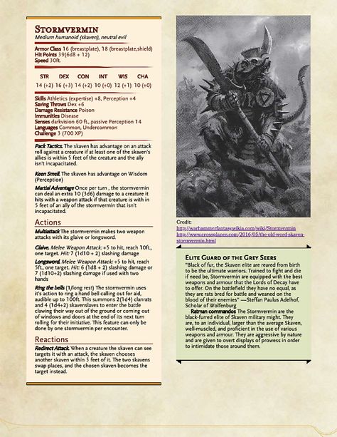 Skaven Monster Stats for DnD 5e (made in Homebrewery) - Album on Imgur Skaven Dnd 5e, Warhammer Dnd, 5e Monsters, Homebrew Monsters, Dungeons And Dragons Rules, Dnd Monster, Monster Manual, Dnd Stats, Dnd Homebrew