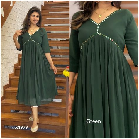 New arrival Faux Georgette plain Aliya cut kurti with glass work *@999* Size : M/L/XL/XXL Length : 47" Lining : yes Front pleated Item code : 6X1979 New Georgette Kurti Design, Aliya Pattern Kurti, Simple Georgette Dress, Aliya Kurti Designs, Siffon Fabric Kurti Design, Kurti Designs Latest Jorjet, Georgette Kurthi Models, Aliya Cut Kurti Designs, Plain Net Kurti Designs