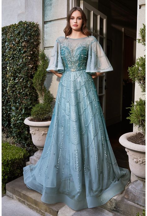 Cinderella Divine, Short Dress Styles, Sheer Kimono, Prom Ball Gown, Unique Prom Dresses, Embellished Gown, A Line Prom Dresses, Kimono Sleeves, Tulle Gown