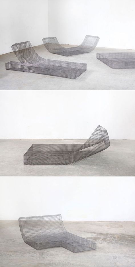 Different minimalist wire mesh loungers created by Belgian design studio Muller van Severen. Mesh Interior Design, Wire Furniture, Mesh Furniture, Mesh Architecture, Wire Mesh Art, Mesh Chair Design, Mesh Sculpture, Metal Mesh Architecture, Wire Mesh Facade Architecture