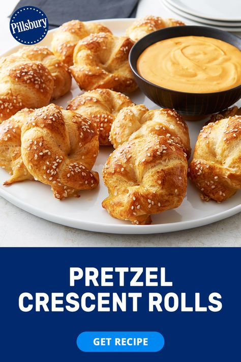 Pretzel Crescent Rolls Salted Beer Pretzel Crescents, Easy Pretzels Pillsbury, Easy Appetizers With Pillsbury, Game Day Food Crescent Rolls, Cresent Roll Pretzel Bites, Crescent Roll Pretzel Bites, Crescent Roll Pretzels, Pillsbury Pretzel Bites, Pretzel Appetizers For Party