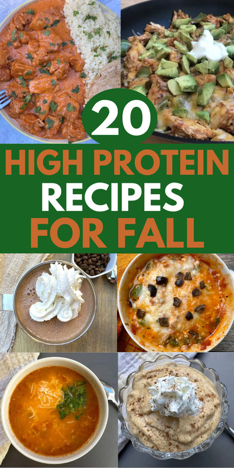 6 images of comforting, high-protein fall recipes including soup, mocha drink, skillet dinners, pizza bowl and a pumpkin dessert. Healthy Fall Recipes High Protein, High Protein Low Carb Thanksgiving Recipes, High Protein Comfort Meals, High Protein Low Fat Dinner Recipes, High Protein Fall Soup, Macro Friendly Fall Recipes, High Protein Thanksgiving Recipes, High Protein Fall Meals, High Protein And High Fiber Meals