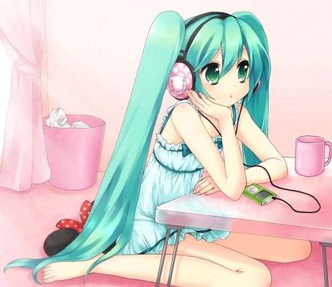 Blue Hair, A Girl, Headphones, Music, Wall, Anime, Hair, Pink, Blue