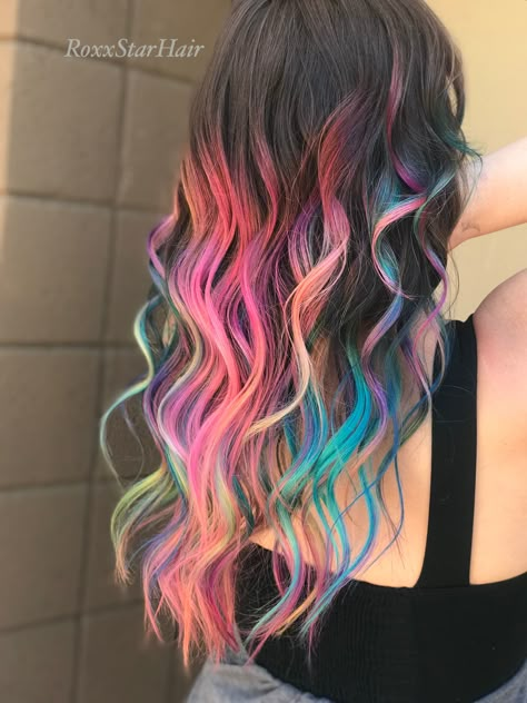 Rainbow Melt Hair, Rainbow Hair For Brunettes, Rainbow Balayage Hair, Rainbow Balayage, Hairstyles And Colors, Celebrities Hairstyles, Pastel Rainbow Hair, Baylage Hair, Vivid Hair