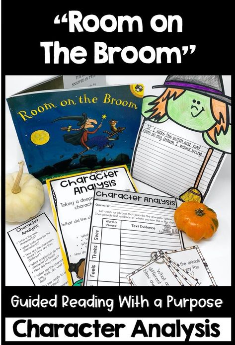 Free Guided reading download focused on the comprehension strategy of character analysis & reviews text connections, retell, character, setting, and problem & solution for the mentor text Room on the Broom. Bring Halloween fun to the classroom through focused & engaging curriculum. Resource includes a craft, writing prompts, graphic organizers, story element posters, anchor chart headers, worksheets, book talk questions, parent connection, morning work activities & lesson plan ideas Halloween Lesson Plans Elementary, Room On The Broom Activities, Halloween Reading Activity, Halloween Read Alouds, Character Analysis Activities, Halloween Reading Comprehension, Text Connections, Halloween Classroom Activities, Halloween Literacy