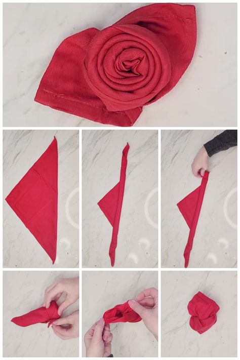 Learn how to fold a cloth napkin into a rose, step by step instructions, for Valentine's Day Valentine Napkin Folding Ideas, Napkin Folding Ideas Valentines Day, Rose Napkin Fold Tutorials, Rose Folded Napkins, Rose Napkins, Folding Napkins For Valentines Day, Valentine Napkin Folding, Valentines Napkin Fold, Rose Napkin Fold