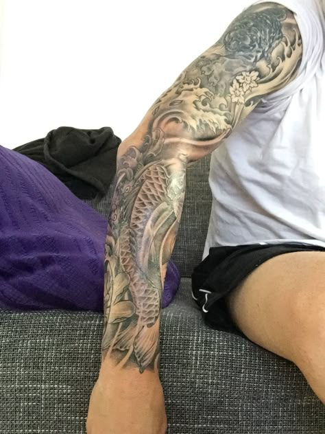 Oceanic Sleeve Tattoo, Men’s Half Sleeve Tattoo Forearm, Men Eyebrows Grooming, Japanese Arm Sleeve, Devine Tattoo, Men Eyebrows, Koi Tattoos, Tattoo Arm Sleeve, Ocean Sleeve Tattoos