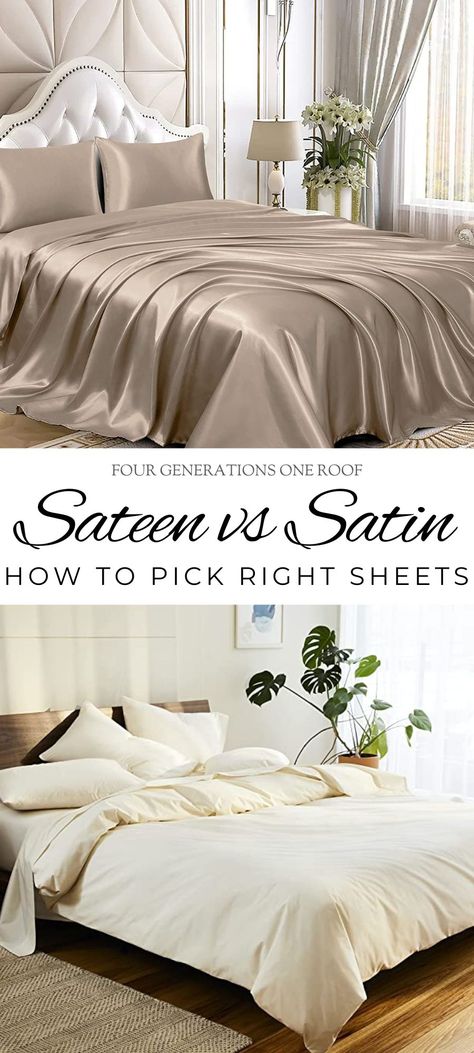 Taupe and white sateen sheets on a bed Ivory Bedroom, Silk Bed Sheets, Silk Sheets, Satin Bedding, Satin Sheets, Luxury Sheets, Silk Bedding, Percale Sheets, Sateen Sheets