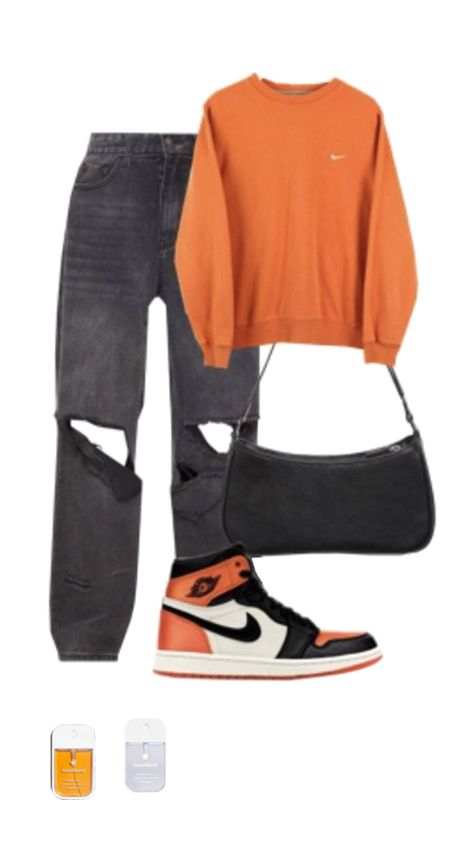 Cute Outfits Orange, Orange And Black Outfits For Women, Orange Crewneck Outfit, Orange Jordan 1 Outfit, Orange Outfits Aesthetic, Orange Clothes Aesthetic, Orange Outfit Aesthetic, Black And Orange Outfit, Orange And Black Outfit