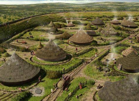 Reconstruction of Maiden Castle in the Iron Age by Peter Urmston Iron Age Britain, Permaculture Design, Classical Antiquity, English Heritage, Fantasy Castle, Fantasy City, Fantasy Places, Fantasy Setting, Round House