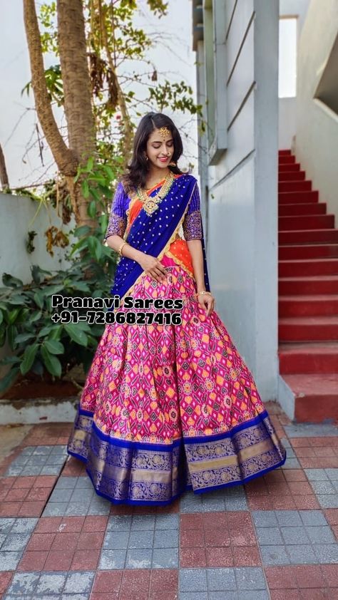 Ikkat silk lehengas with Kanchi border directly from weaver's call or Whatsapp at +91-7286827416 #ikkatsarees #ikkatsilksarees #ikat #ikkath #pochampally #pochampallysarees #silksarees #kanchipuram #ikkatkanchipuram #ikkatlehengas #ikkatduppatas #silklehengas #silkduppatas #kanchisarees #kanchilehengas #ikkatcotton #doubleikkat #doubleweaving Pochampally Blouse Designs Work, Reception Lehanga, Half Saree Designs Simple, Pattu Frocks, Langa Voni Half Saree, Lehengas Designs, Silk Lehangas, Silk Lehenga Blouse, Wedding Wear Dresses