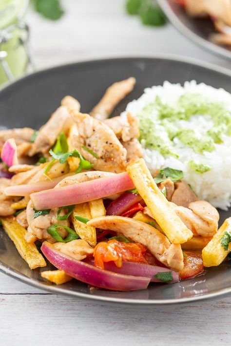 Pollo Saltado (Peruvian Chicken Stir-Fry) | The Missing Lokness Pollo Saltado Recipe, Saltado Peruvian, Peruvian Chicken, Peruvian Cuisine, Frozen French Fries, Stir Fry Recipes Chicken, Peruvian Food, Stir Fry Dishes, Peruvian Recipes