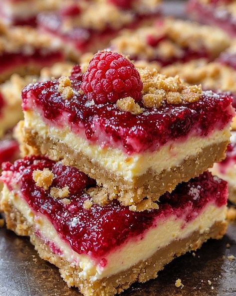 Indulge in our zesty Lemon Raspberry Cheesecake Crunch Bars! Creamy, tangy, & delightfully crunchy—perfect for any dessert lover. #Dessert #Cheesecake #Lemon #Raspberry #Baking Raspberry Cheesecake Desserts, Raspberries Desserts, Raspberry Dessert Bars, Creme Brulee Cookie Recipe, Raspberry Baking, Raspberry Cookie Bars, Cheesecake Crunch, Raspberry Lemon Bars, Lemon Raspberry Bars