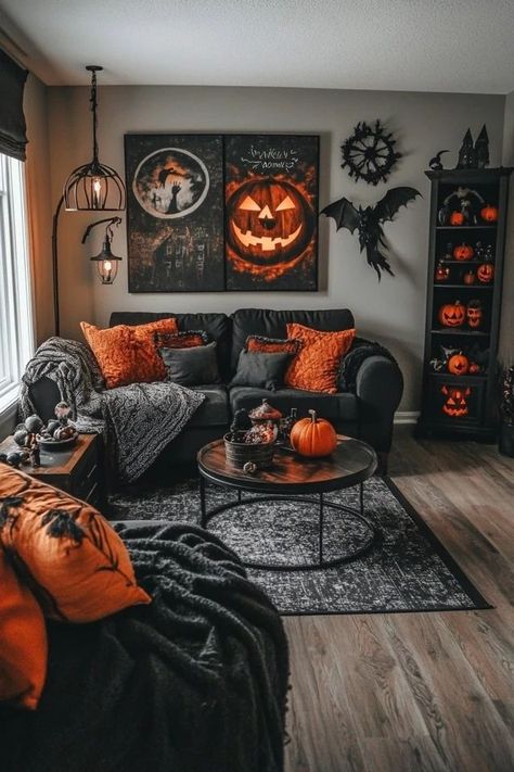 "Transform your living room into a Halloween wonderland with a black and orange theme! 🎃🖤 Perfect for creating a spooky yet cozy space. #BlackAndOrangeDecor #HalloweenLivingRoom #SpookyDecorInspo" Spooky Living Room Ideas, Black And Burnt Orange Living Room, Black And Orange Room, Halloween Theme House, Black And Orange Living Room, Halloween Decorations Living Room, Spooky Living Room, Witchy Living Room, House Room Design