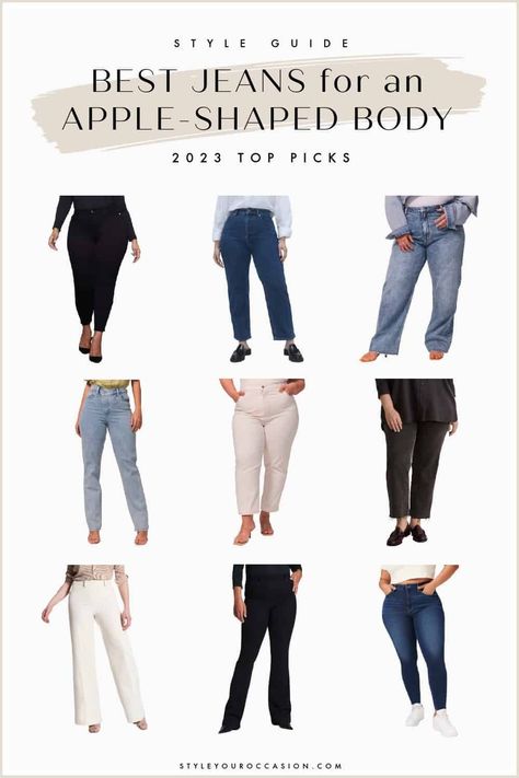 Best Jeans Colour For Women, Plus Size Apple Shape Outfits Winter, Best Jeans For Apple Shaped Women, Apple Shape Jeans, Petite Apple Body Shape Outfits, Outfit Ideas For Apple Shaped Women, Apple Body Outfits, Apple Shaped Body Outfits Plus Size, Round Body Shape Outfits