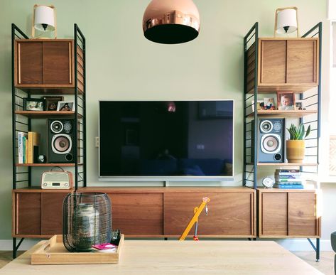 Self built Ladderax inspired wall system. Moveable shelves and sliding door cabinets that can be hung anywhere on the racks. Based on the classic Midcentury Modern design but made to the dimensions needed to house a contemporary 55" television. Ladderax Living Room, Mid Century Wall Unit With Tv, Mid Century Modern Tv Wall, Moveable Shelves, Tv Shelving, Mid Century Wall Unit, Modern Tv Wall, Office Designs, Mid Century Living