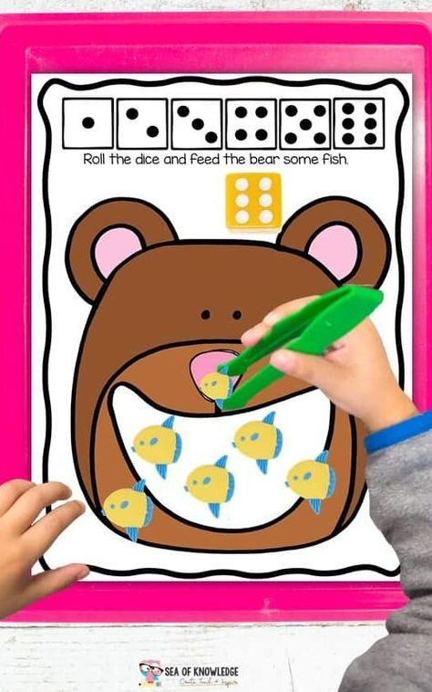 3 Best Printable Math Dice Games Feed the Bear Feed The Bear Game, Feed The Bear Activity, Bear Activities For Kindergarten, Number Sense Activities Kindergarten, Comparing Numbers Kindergarten, Bear Games, Math Counting Games, Free Kindergarten Printables, Folder Activities