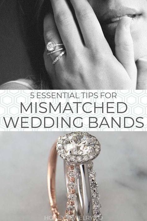 Mismatched wedding bands and how to wear them. This quick guide gives you tips for wearing mismatched wedding rings with an engagement ring. Mismatched Wedding Bands With Engagement Ring, Mismatched Wedding Ring Set, How To Wear Wedding Rings Set, Mismatched Wedding Bands, Mixed Metal Wedding Band, Halo Ideas, Mismatched Wedding, Mixed Metal Wedding Rings, Mixed Metals Wedding