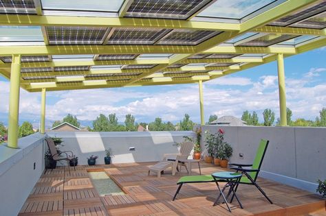 Roof-top terrace with solar panels above. Solar Panel Roof Design, Solar Canopy, Solar Panels Architecture, Solar Pergola, Solar Panels Design, Terrace Roof, Solar Energy For Home, Solar Windows, Terrace Floor