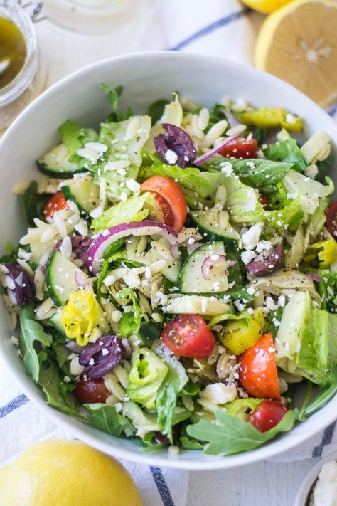 Lemon and Orzo Greek Salad | Sarcastic Cooking Orzo Greek Salad, Orzo Greek, Greek Salad Ingredients, Lemon Orzo Salad, Traditional Greek Salad, Lemon Orzo, Chopped Salad Recipes, Pepperoncini Peppers, Simple Vinaigrette