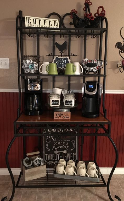 Coffee Bar Bakers Rack, Baker Rack Ideas, Bakers Rack Coffee Bar Ideas, Bakers Rack Decorating, Make Your Own Coffee, Tea Station, Coffee Bar Station, Diy Coffee Bar, Bakers Rack