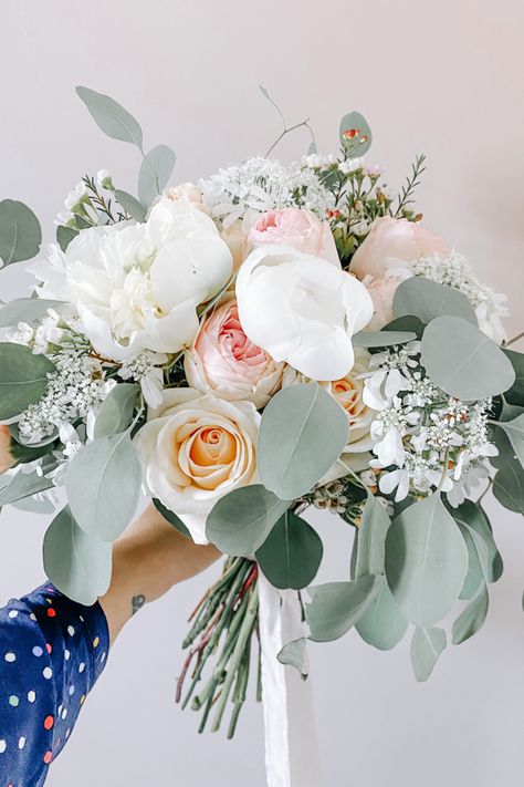 A beautiful white and blush Peony, white Orlaya Grandiflora, peach and pink Rose and Eucalyptus Bouquet Rose And Eucalyptus Bouquet, Orlaya Grandiflora, Rose And Eucalyptus, Luxury Wedding Flowers, Hope Flower, Eucalyptus Bouquet, Modern Wedding Flowers, Peony Rose, Flower Studio