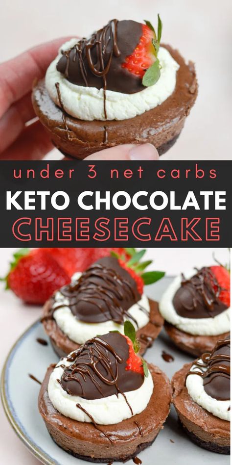 These Keto Chocolate Cheesecakes with Chocolate Covered Strawberries are the ultimate low carb treat! Keto Chocolate Cheesecake, Low Carb Treat, Cheesecake With Chocolate, Mouthwatering Desserts, Keto Dishes, Low Fat Low Carb, Fantastic Recipes, Low Carb Low Fat Recipes, Postre Keto