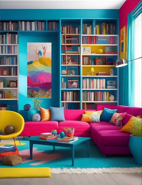 Colourful interior design, model Bright Coloured Living Room Ideas, Colourful Woodwork, Colourful Home Interiors, Colourful House Decor, Colourful Houses Interior, Colourful Home Office, Colourful Minimalism, Colourful Interior Design, Colorful House Decor