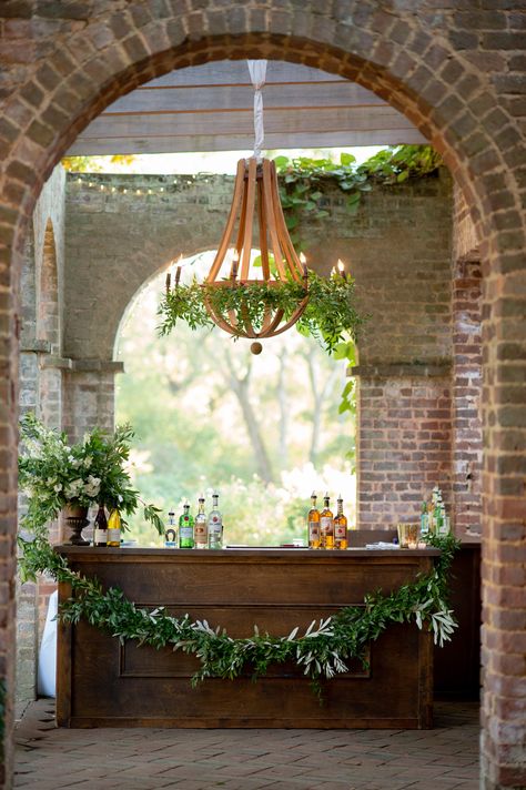 The Manor House Ruins, a stunning reception location at the remnants of the original 19th century Italianate villa built by Godfrey Barnsley for his wife Julia. Florals On Bar Wedding, Wedding Bar With Greenery, Barnsley Resort, Barnsley Resort Wedding, Barnsley Gardens Wedding, Wedding Bar Floral Installation, Omni Grove Park Inn Asheville Wedding, Barnsley Gardens, North Georgia Wedding